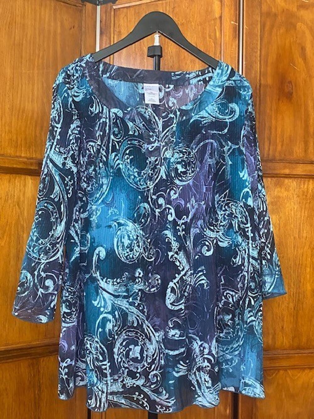 JMS Just My Size Women's 2X Green Scroll Plisse Pleated Blouse Top Plus Size